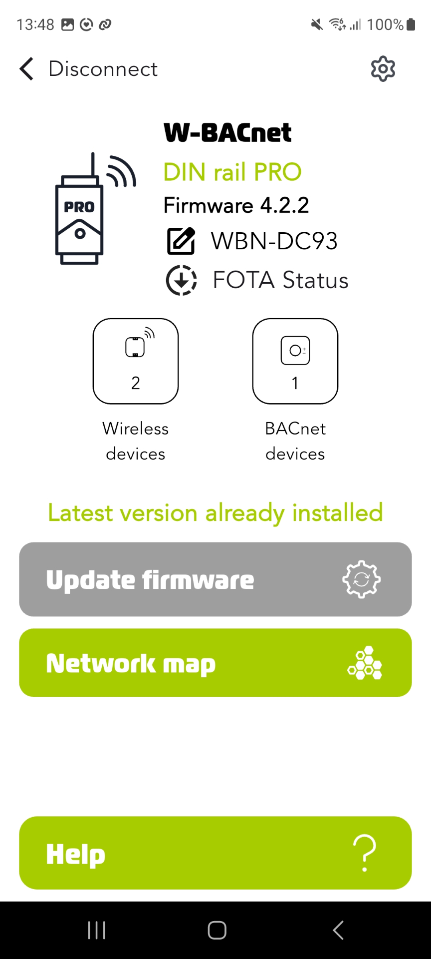 Connected W-BACnet device screen showing the settings icon in the top right