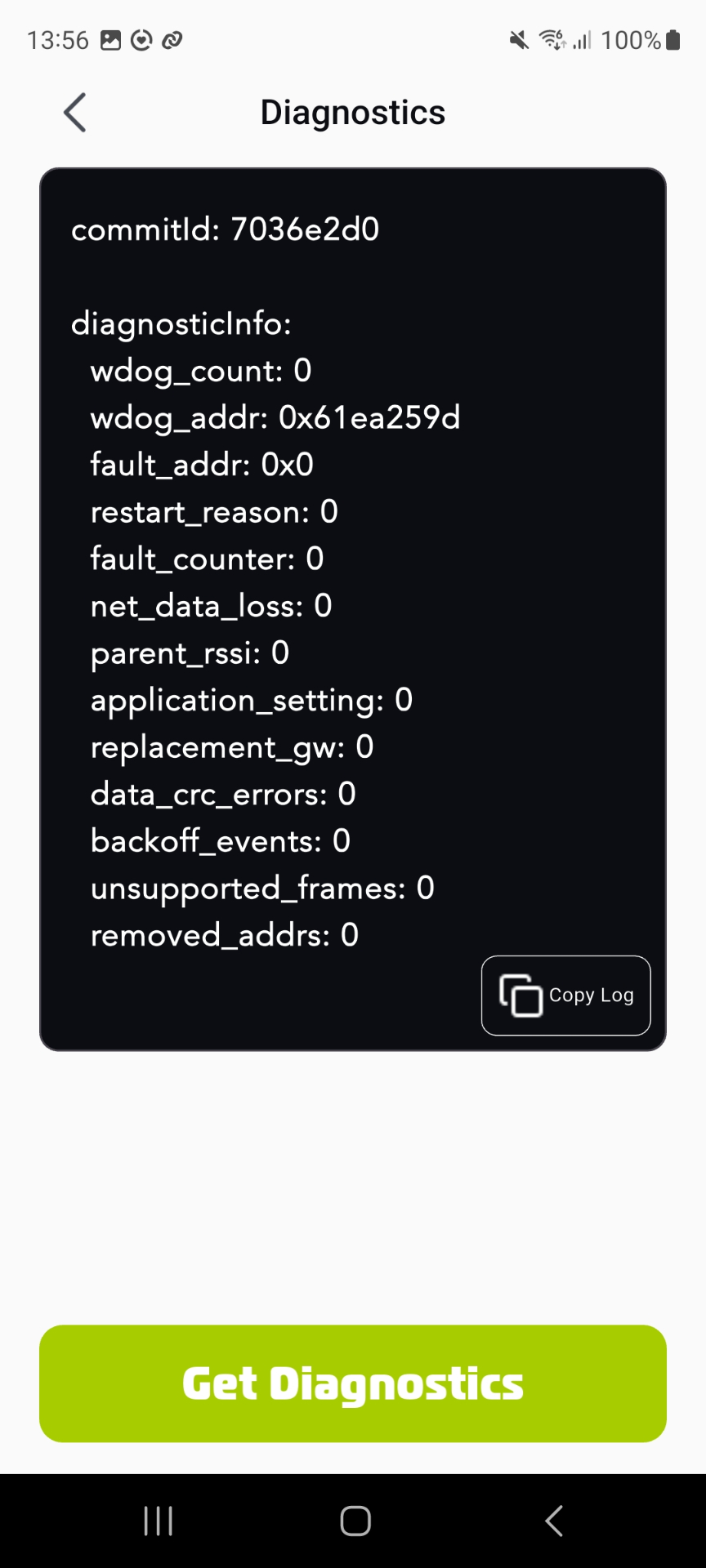Mobile app Diagnostics screen with the Get Diagnostics button