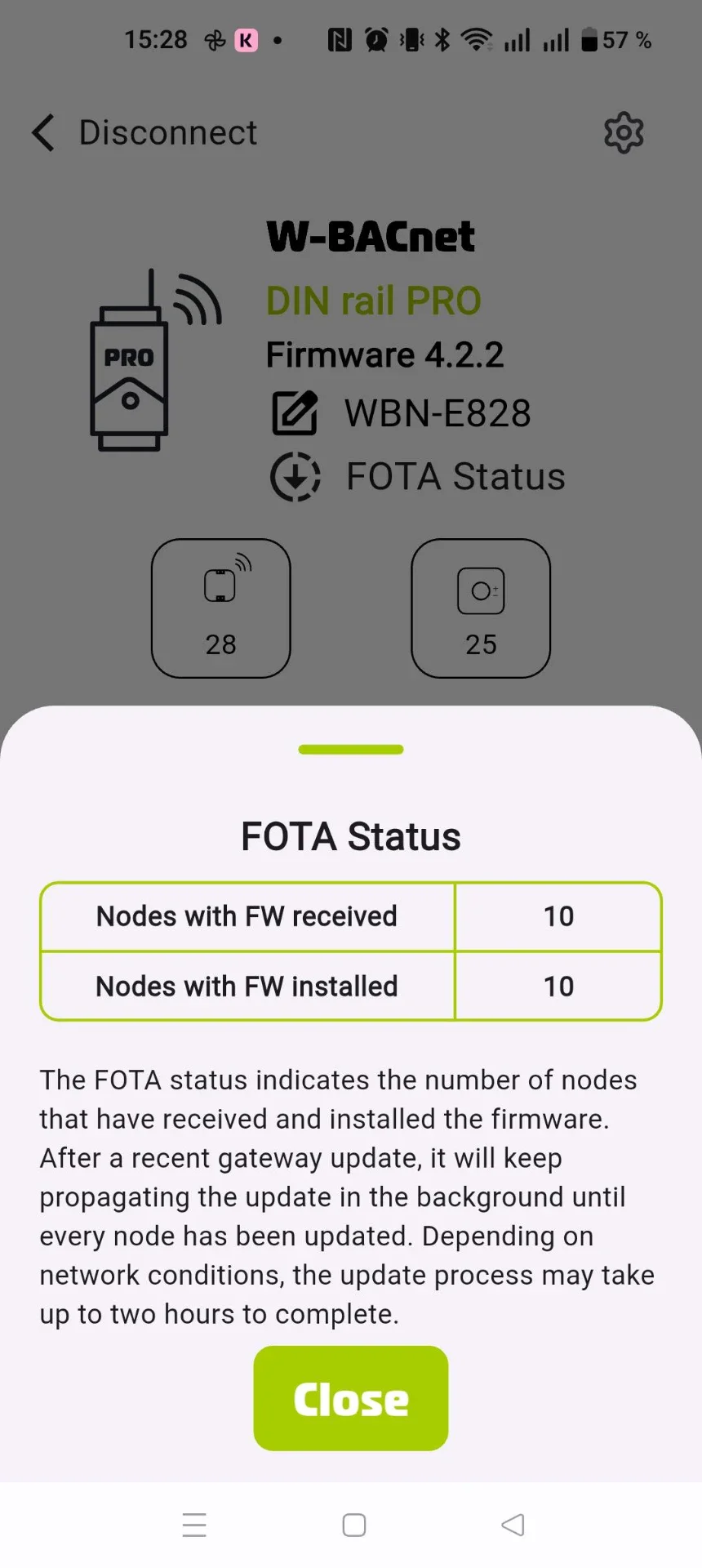 FOTA Status showing nodes with firmware received and installed