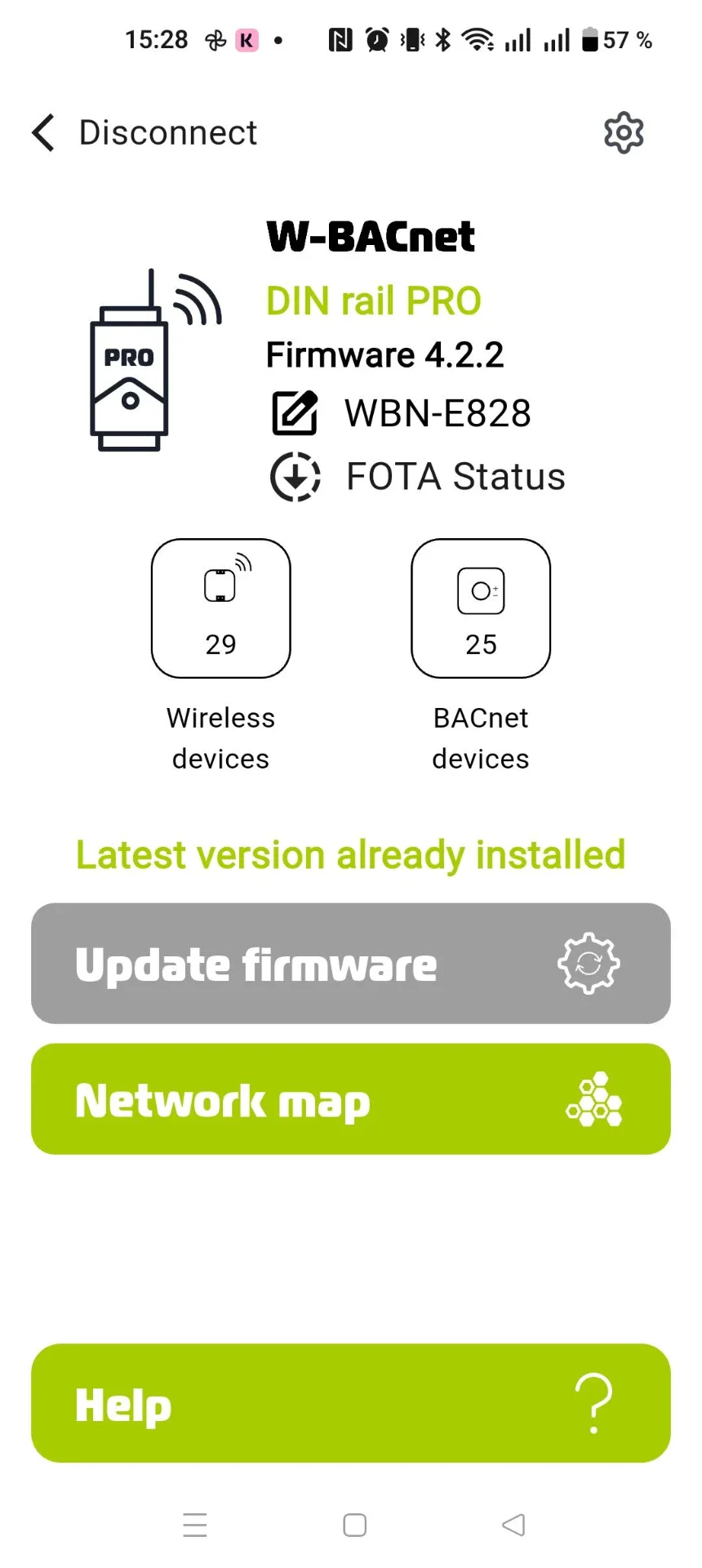 FOTA Status button on the W-Modbus app home screen