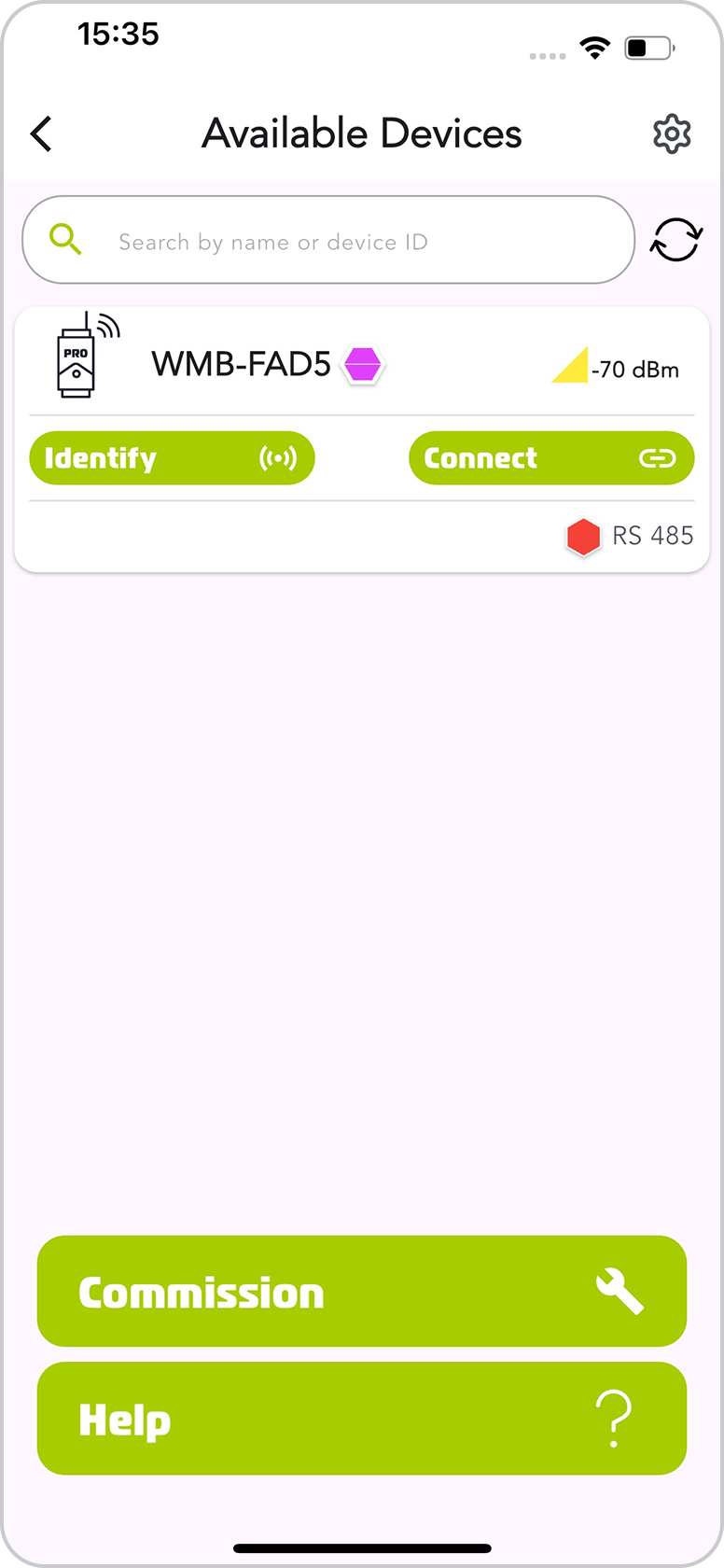Available Devices screen with Settings icon