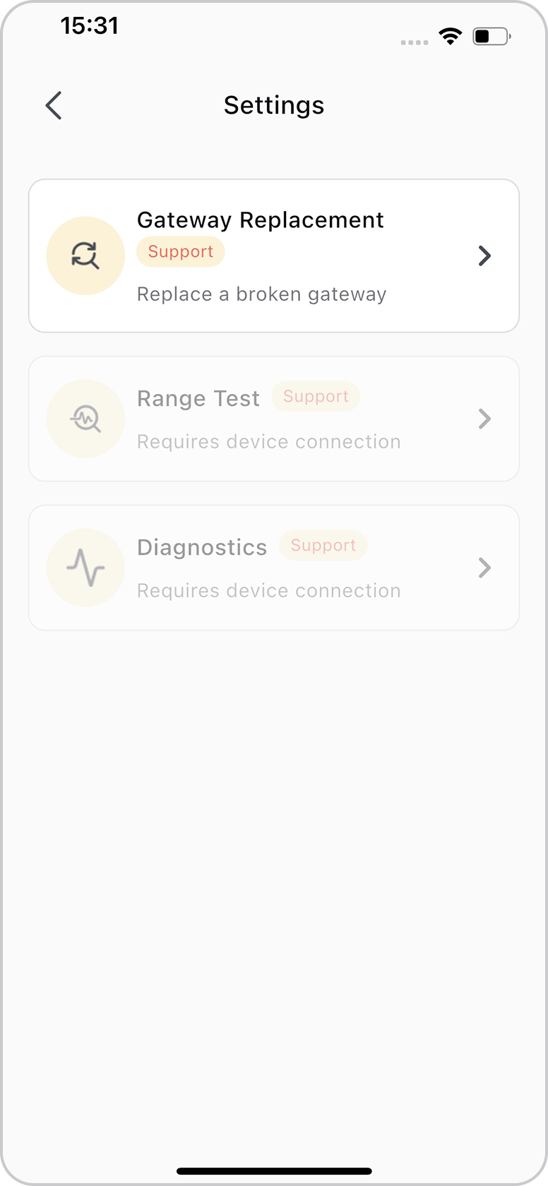 Settings screen with Gateway Replacement option