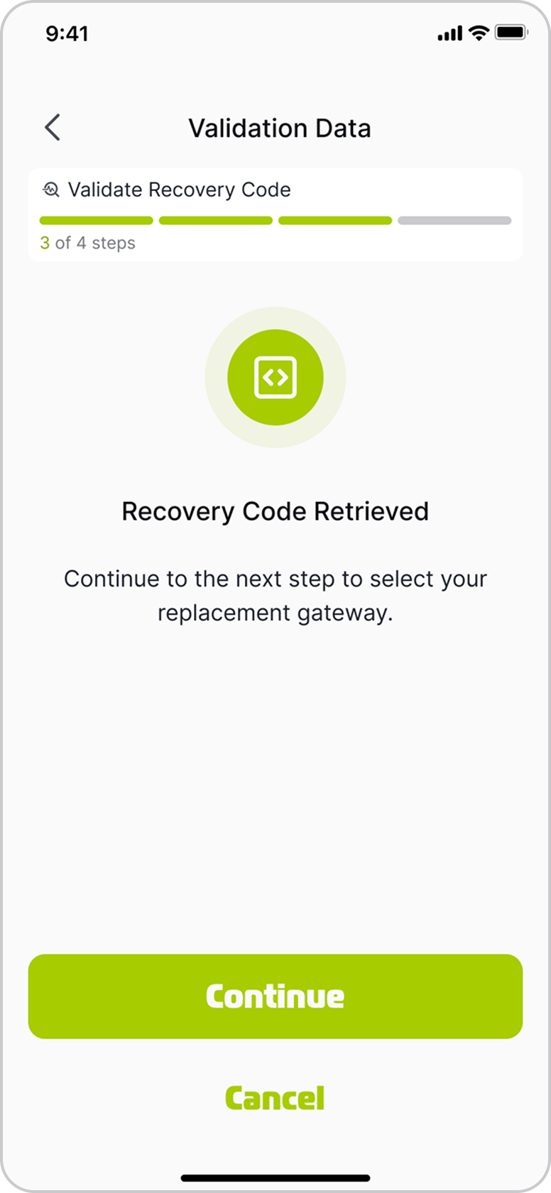 Recovery code retrieved confirmation