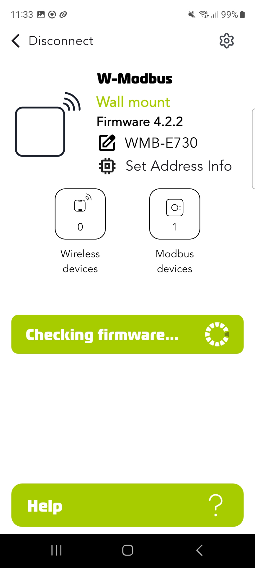 Connected W-Modbus device screen with Set Address Info option