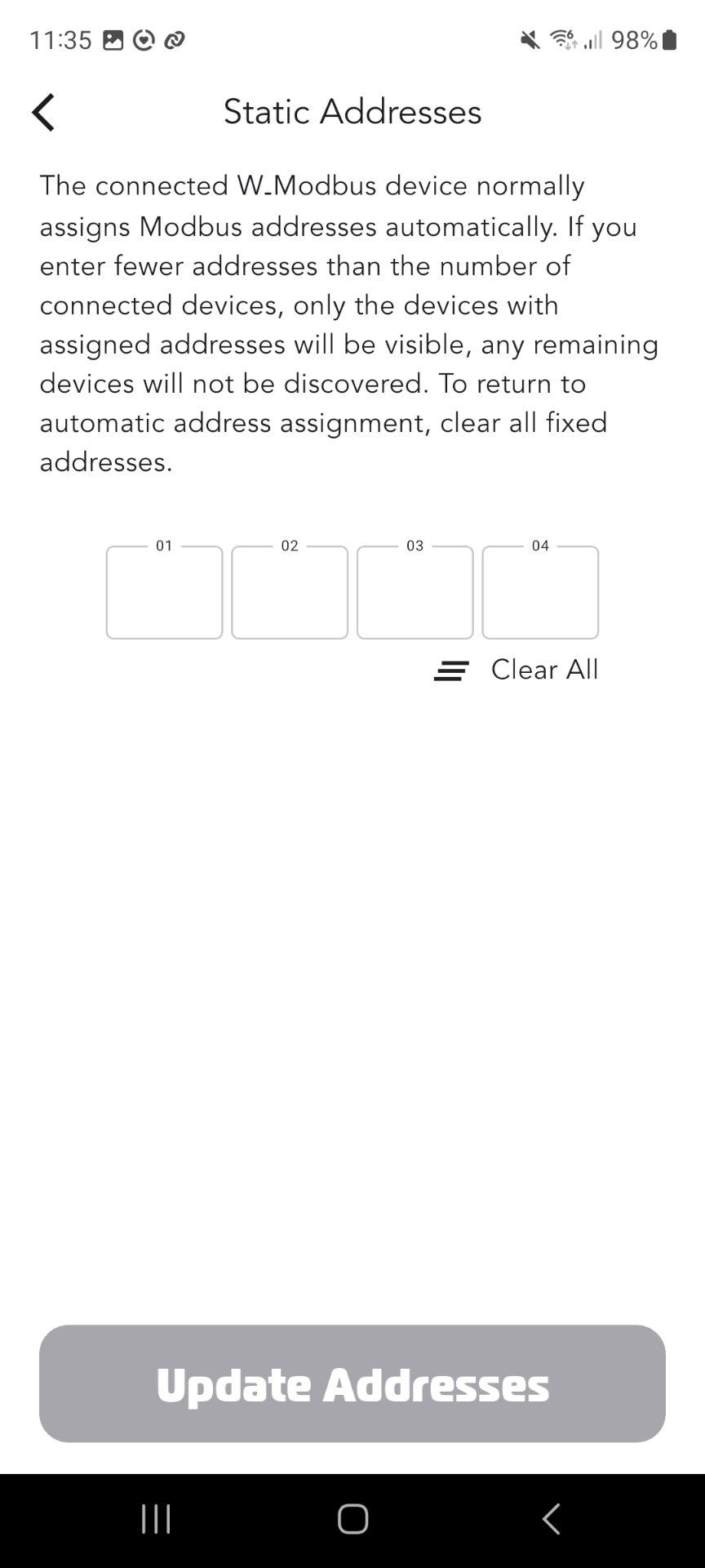 Static Addresses screen with multiple address inputs