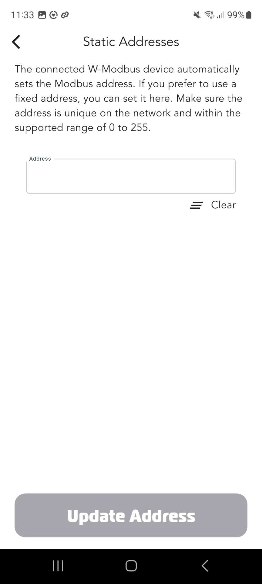 Static Addresses screen with single address input