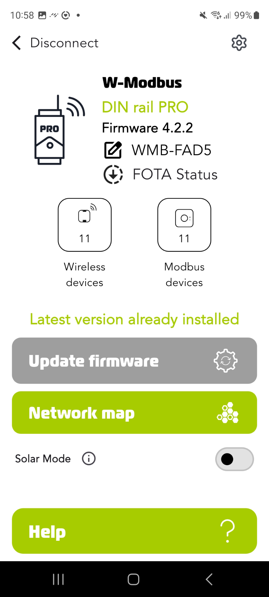 Connected gateway home screen with Settings icon