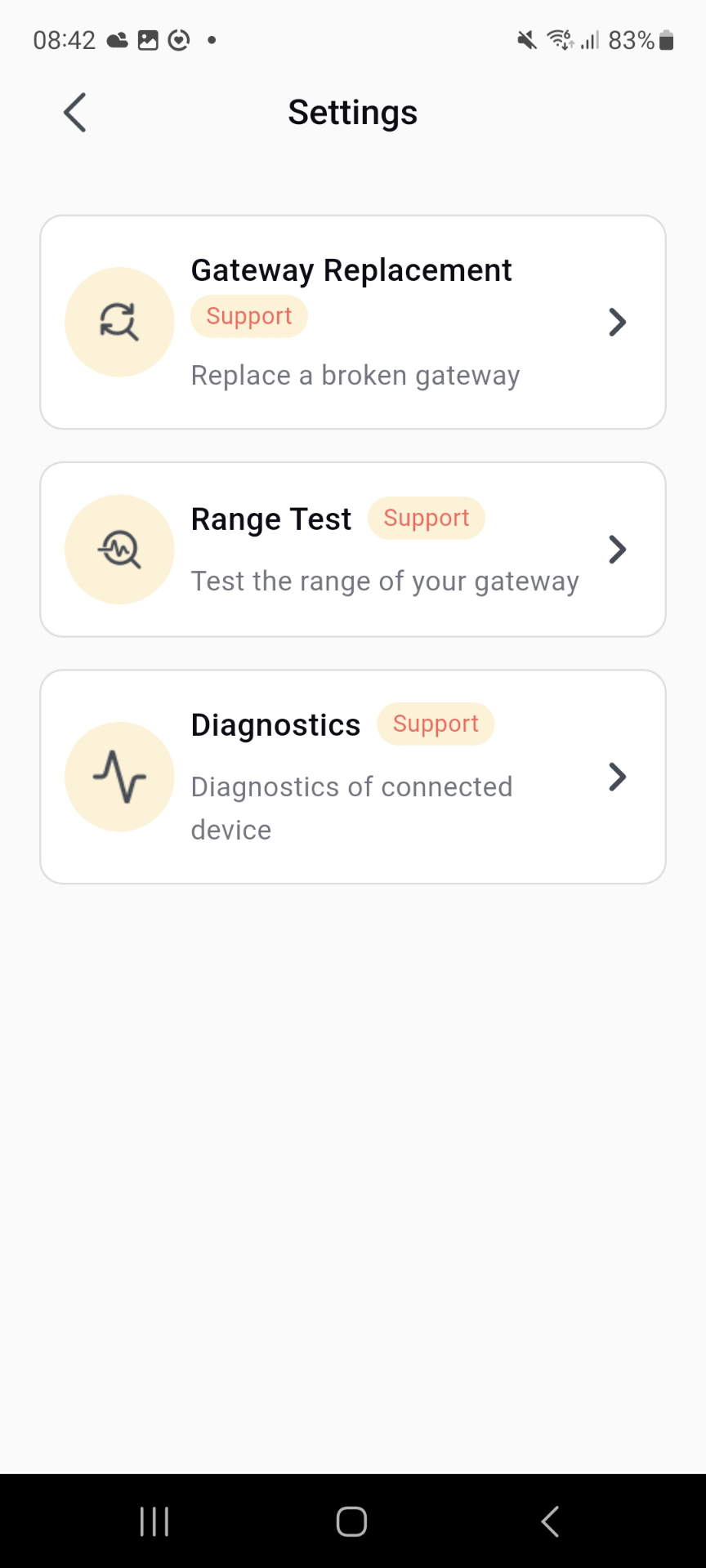 Settings screen with Range Test option