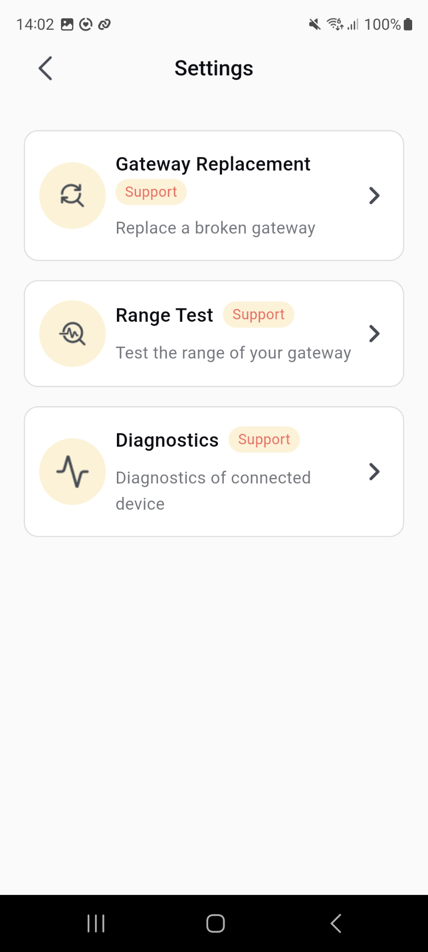 Mobile app Settings screen with the Diagnostics option