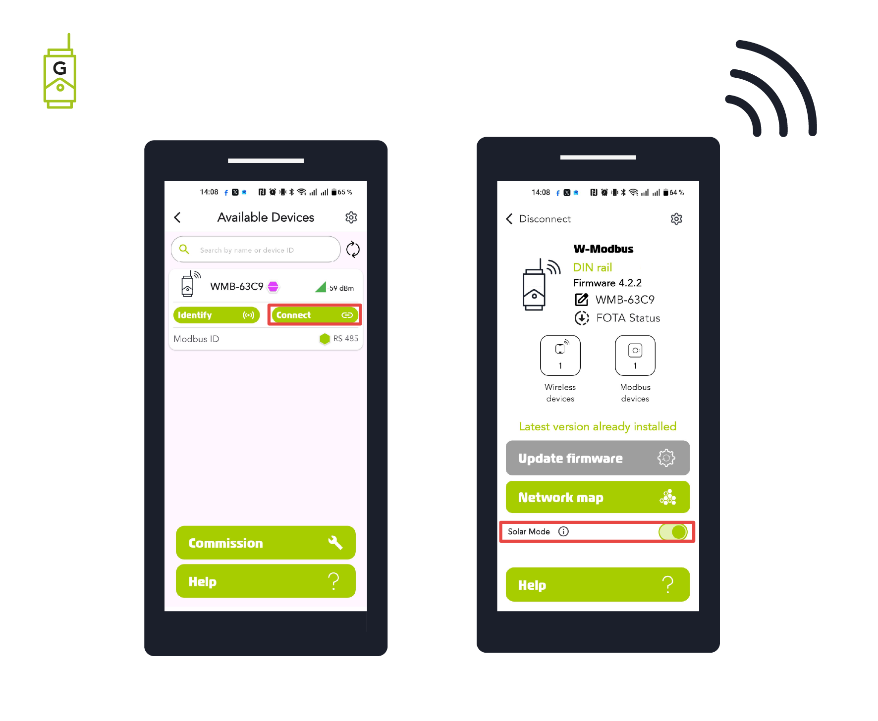 Connect in the app and verify Solar Mode is enabled
